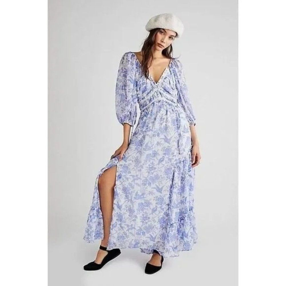 NEW Free People You're A Jewel Printed Maxi Dress Blue Long Sleeve Bird Print XL